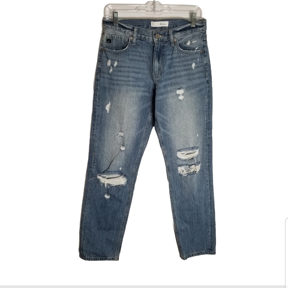 KanCan Jeans Women's 3/25  Straight Mid Rise Medium Wash Blue Denim Distressed